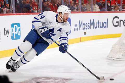 Morgan Rielly #44 of the Toronto Maple Leafs skates with the puck against the Florida Panthers  . (Photo by Joel Auerbach/Getty Images)