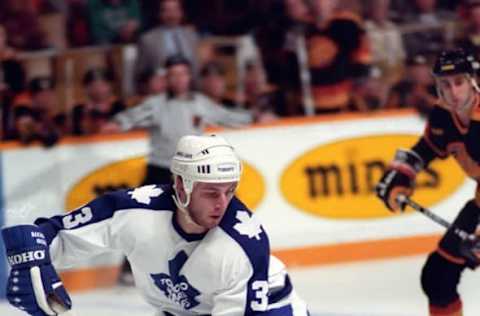 TORONTO, ON – JANUARY 9: Al Iafrate #33 of the Toronto Maple Leafs skates against the Vancouver Canucks during NHL game action on January 9, 1989 at Maple Leaf Gardens in Toronto, Ontario, Canada. Toronto defeated Vancouver 3-0. (Photo by Graig Abel/Getty Images)