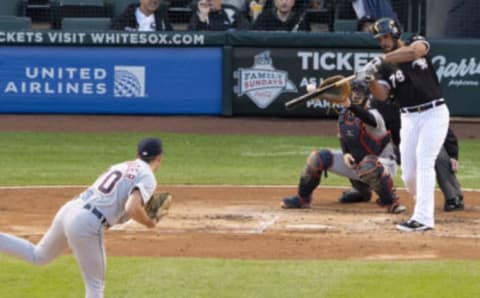 Jose Abreu bats against the Detroit Tigers. (Photo by Ron Vesely/MLB Photos via Getty Images)