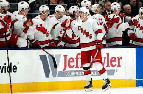 COLUMBUS, OH – JANUARY 16: Martin Necas #88 of the Carolina Hurricanes is congratulated by his teammates after scoring a goal during the game against the Columbus Blue Jackets on January 16, 2020 at Nationwide Arena in Columbus, Ohio. (Photo by Kirk Irwin/Getty Images)