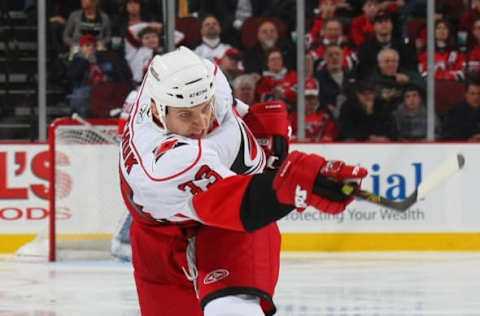 NEWARK, NJ – APRIL 15: Anton Babchuk #33 of the Carolina Hurricanes skates against the New Jersey Devils during game one of the 2009 NHL Eastern Conference Quarterfinals at Prudential Center on April 15, 2009 in Newark, New Jersey. (Photo by Bruce Bennett/Getty Images)