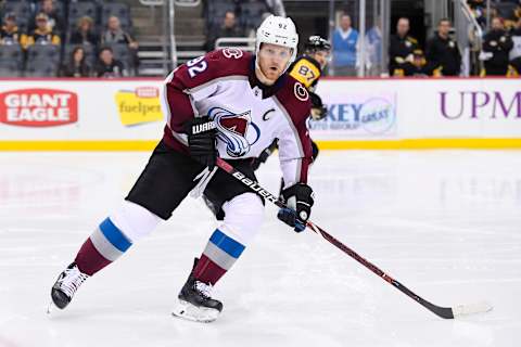 PITTSBURGH, PA – DECEMBER 04: Colorado Avalanche Left Wing Gabriel Landeskog (92) forechecks during the third period in the NHL game between the Pittsburgh Penguins and the Colorado Avalanche on December 4, 2018, at PPG Paints Arena in Pittsburgh, PA. (Photo by Jeanine Leech/Icon Sportswire via Getty Images)