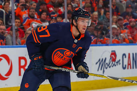 EDMONTON, AB – OCTOBER 18: Edmonton Oilers Center Connor McDavid (97) in game acton while sporting the new 2019 Oilers third jersey in the third period during the Edmonton Oilers game versus the Detroit Red Wings on October 18, 2019 at Rogers Place in Edmonton, AB.(Photo by Curtis Comeau/Icon Sportswire via Getty Images)