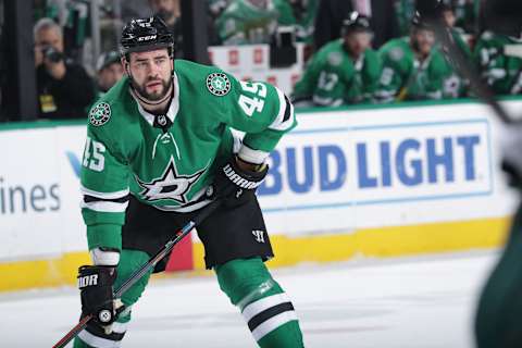 DALLAS, TX – APRIL 6: Roman Polak #45 of the Dallas Stars skates against the Minnesota Wild at the American Airlines Center on April 6, 2019 in Dallas, Texas. (Photo by Glenn James/NHLI via Getty Images)