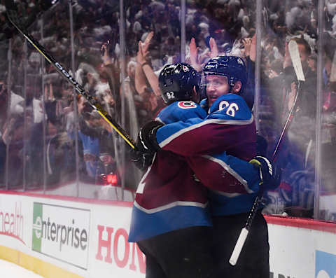 DENVER, CO – APRIL 17: Colorado Avalanche right wing Mikko Rantanen (96) celebrates his game tying goal against the Ca;gary Flames with teammate Colorado Avalanche left wing Gabriel Landeskog (92) in the third period during the first round of the NHL Stanley Cup playoffs at the Pepsi Center April 17, 2019. Rantanen also scored the game winner in overtime, winning the game 3-2. (Photo by Andy Cross/MediaNews Group/The Denver Post via Getty Images)