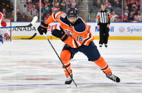 EDMONTON, AB – NOVEMBER 13: Jujhar Khaira #16 of the Edmonton Oilers skates during the game against the Montreal Canadiens on November 13, 2018 at Rogers Place in Edmonton, Alberta, Canada. (Photo by Andy Devlin/NHLI via Getty Images)