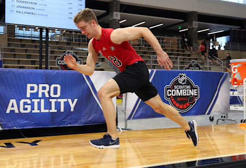 BUFFALO, NY – JUNE 1: Spencer Knight performs the pro agility test during the 2019 NHL Scouting Combine on June 1, 2019 at Harborcenter in Buffalo, New York. (Photo by Bill Wippert/NHLI via Getty Images)