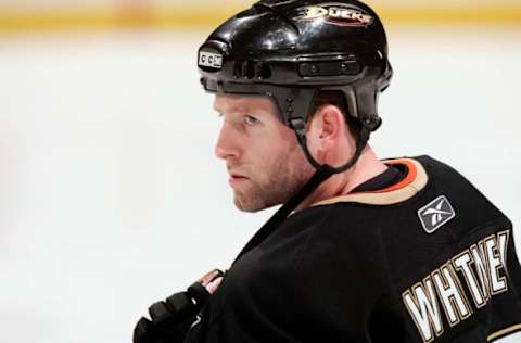 ANAHEIM, CA – JANUARY 13: Ryan Whitney #19 of the Anaheim Ducks skates on the ice during pre-game warm-ups prior to the game against the Boston Bruins on January 13, 2010, at Honda Center in Anaheim, California. (Photo by Debora Robinson/NHLI via Getty Images)