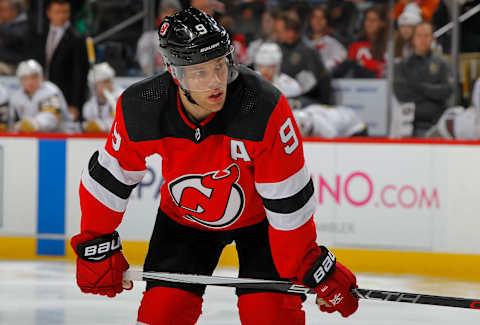 NEWARK, NJ – MARCH 04: Taylor Hall #9 of the New Jersey Devils in action against the Vegas Golden Knights on March 4, 2018 at Prudential Center in Newark, New Jersey. The Golden Knights defeated the Devils 3-2. (Photo by Jim McIsaac/NHLI via Getty Images)