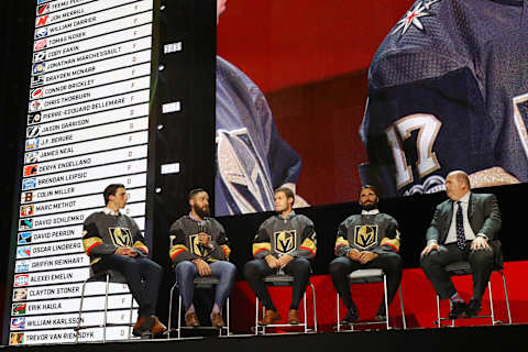 Marc-Andre Fleury, Deryk Engelland, Brayden McNabb and Jason Garrison, Vegas Golden Knights. (Photo by Bruce Bennett/Getty Images)