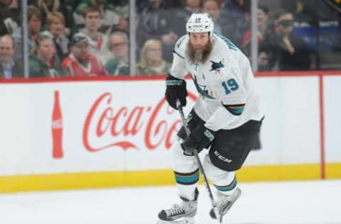 Mar 21, 2017; Saint Paul, MN, USA; San Jose Sharks forward Joe Thornton (19) carries the puck into the Minnesota Wild zone during the first period at Xcel Energy Center. Mandatory Credit: Marilyn Indahl-USA TODAY Sports