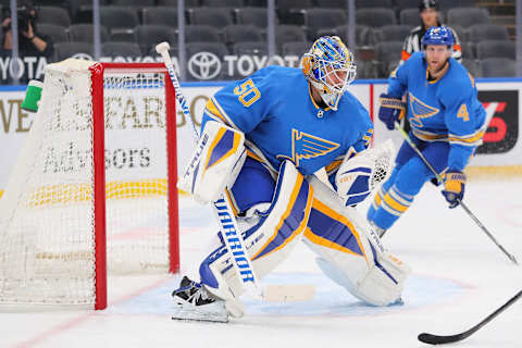 Jordan Binnington #50 of the St. Louis Blues. (Photo by Dilip Vishwanat/Getty Images)