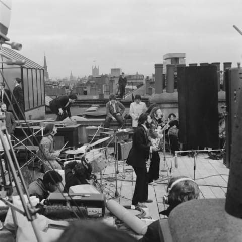 The Beatles performing their last live public concert on the rooftop of London's Apple building on January 30, 1969.