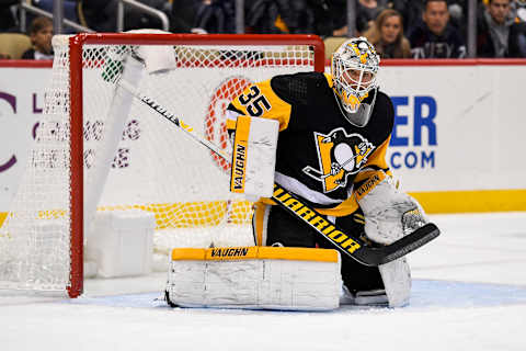 PITTSBURGH, PA – NOVEMBER 27: Pittsburgh Penguins Goalie Tristan Jarry (35) tends net during the third period in the NHL game between the Pittsburgh Penguins and the Vancouver Canucks on November 27, 2019, at PPG Paints Arena in Pittsburgh, PA. (Photo by Jeanine Leech/Icon Sportswire via Getty Images)