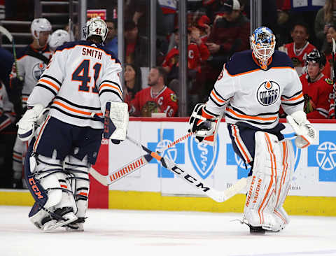 CHICAGO, ILLINOIS – MARCH 05: Mikko Koskinen replaces Mike Smith (Photo by Jonathan Daniel/Getty Images)