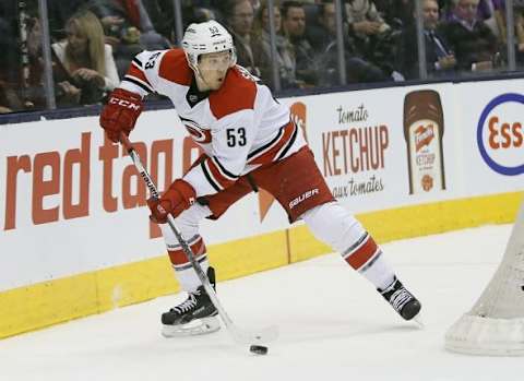 Jan 21, 2016; Toronto, Ontario, CAN; Carolina Hurricanes forward Jeff Skinner (53) carries the puck behind the Toronto Maple Leafs net at the Air Canada Centre. Carolina defeated Toronto 1-0 in overtime. Mandatory Credit: John E. Sokolowski-USA TODAY Sports