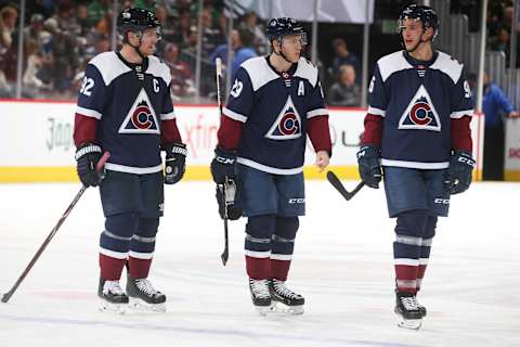 DENVER, CO – NOVEMBER 24: Gabriel Landeskog #92, Nathan MacKinnon #29 and Mikko Rantanen #96 of the Colorado Avalanche skate during a break in the action against the Dallas Stars at the Pepsi Center on November 24, 2018 in Denver, Colorado. The Avalanche defeated the Stars 3-2. (Photo by Michael Martin/NHLI via Getty Images)