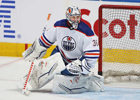 TORONTO, CANADA – MARCH 11: Jack Campbell #36 of the Edmonton Oilers warms up prior to action against the Toronto Maple Leafs in an NHL game at Scotiabank Arena on March 11, 2023 in Toronto, Ontario, Canada. The Maple Leafs defeated the Oilers 7-4. (Photo by Claus Andersen/Getty Images)