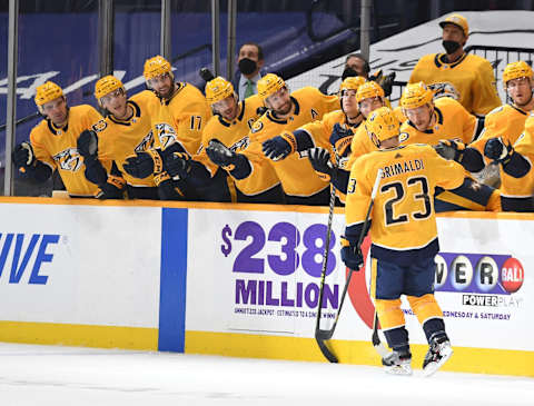 Nashville Predators right wing Rocco Grimaldi (23) celebrates Mandatory Credit: Christopher Hanewinckel-USA TODAY Sports