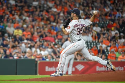 HOUSTON, TX-MAY 01: Houston Astros pitcher Justin Verlander (35) delivers a pitch during the baseball game between the New York Yankees and Houston Astros on May 1, 2018, at Minute Maid Park in Houston, Texas (Photo by Ken Murray/Icon Sportswire via Getty Images)