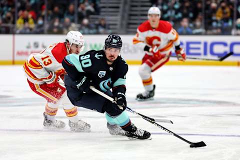 SEATTLE, WASHINGTON – DECEMBER 30: Marcus Johansson #90 of the Seattle Kraken  (Photo by Steph Chambers/Getty Images)