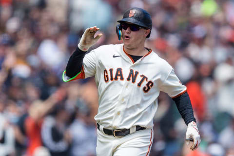 Jun 11, 2023; San Francisco, California, USA; San Francisco Giants designated hitter Joc Pederson (23) runs the bases after hitting a two-run home run against the Chicago Cubs during the third inning at Oracle Park. Mandatory Credit: John Hefti-USA TODAY Sports