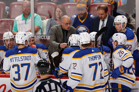 SUNRISE, FL – APRIL 4: Head coach Don Granato of the Buffalo Sabres directs the players during a time out against the Florida Panthers at the FLA Live Arena on April 4, 2023 in Sunrise, Florida. (Photo by Joel Auerbach/Getty Images)