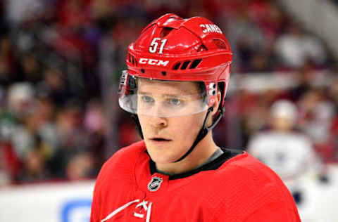 RALEIGH, NORTH CAROLINA – FEBRUARY 16: Jake Gardiner #51 of the Carolina Hurricanes skates against the Edmonton Oilers during the second period of their game against the Edmonton Oilers at PNC Arena on February 16, 2020 in Raleigh, North Carolina. (Photo by Grant Halverson/Getty Images)