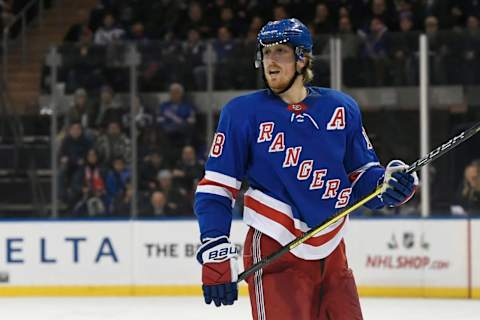 NEW YORK, NEW YORK – NOVEMBER 24: Marc Staal #18 of the New York Rangers reacts after missing a shot during the second period of the game against the Washington Capitals at Madison Square Garden on November 24, 2018 in New York City. (Photo by Sarah Stier/Getty Images)