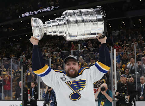 David Perron of the St. Louis Blues holds the Stanley Cup following the Blues victory over the Boston Bruins at TD Garden on June 12, 2019.