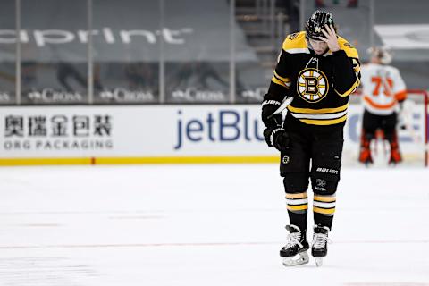 BOSTON, MASSACHUSETTS – JANUARY 21: Jake Derusk #74 of the Boston Bruins reacts during the second period against the Philadelphia Flyers at TD Garden on January 21, 2021, in Boston, Massachusetts. (Photo by Maddie Meyer/Getty Images)