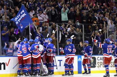 NEW YORK, NEW YORK – NOVEMBER 01: The New York Rangers celebrate victory over the Philadelphia Flyers at Madison Square Garden on November 01, 2022, in New York City. The Rangers defeated the Flyers 1-0 in overtime. (Photo by Bruce Bennett/Getty Images)