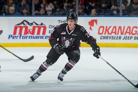 KELOWNA, BC – FEBRUARY 14: Kristian Reichel #21 of the Red Deer Rebels skates against the Kelowna Rockets at Prospera Place on February 14, 2018 in Kelowna, Canada. (Photo by Marissa Baecker/Getty Images)