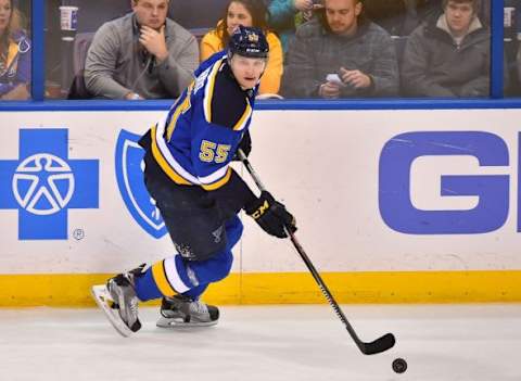 Feb 9, 2016; St. Louis, MO, USA; St. Louis Blues defenseman Colton Parayko (55) skates with the puck against the Winnipeg Jets during the third period at Scottrade Center. The Winnipeg Jets defeat the St. Louis Blues 2-1 in a shootout. Mandatory Credit: Jasen Vinlove-USA TODAY Sports