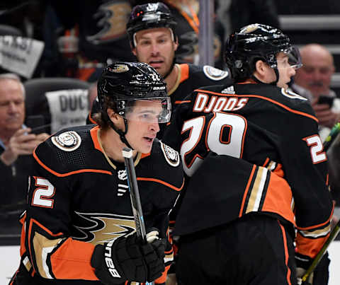 ANAHEIM, CALIFORNIA – FEBRUARY 25: Sonny Milano #22 of the Anaheim Ducks reacts to his goal with Ryan Getzlaf #15 and Christian Djoos #29, to take a 1-0 lead over the Edmonton Oilers, during the first period at Honda Center on February 25, 2020 in Anaheim, California. (Photo by Harry How/Getty Images)