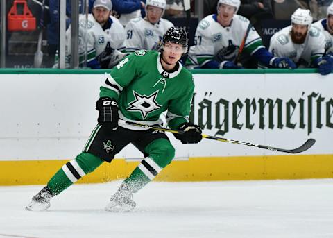 DALLAS, TX – NOVEMBER 19: Miro Heiskanen #4 of the Dallas Stars skates against the Vancouver Canucks at the American Airlines Center on November 19, 2019 in Dallas, Texas. (Photo by Glenn James/NHLI via Getty Images)