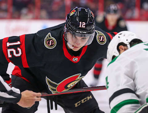 OTTAWA, ONTARIO – OCTOBER 17: Shane Pinto #12 of the Ottawa Senators skates with the puck against the Dallas Stars at Canadian Tire Centre on October 17, 2021 in Ottawa, Ontario. (Photo by Chris Tanouye/Getty Images)