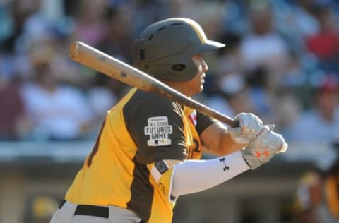 Jul 10, 2016; San Diego, CA, USA; World batter Josh Nayylor hits a RBI single in the 6th inning during the All Star Game futures baseball game at PetCo Park. Mandatory Credit: Gary A. Vasquez-USA TODAY Sports