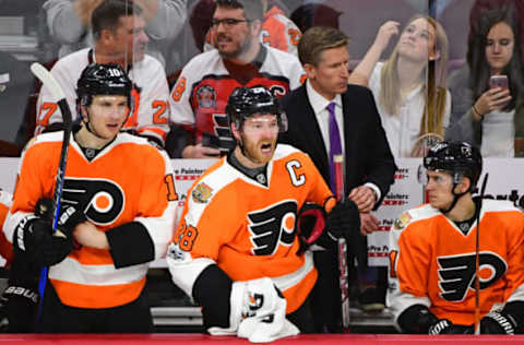 Mar 28, 2017; Philadelphia, PA, USA; Philadelphia Flyers center Claude Giroux (28) yells at an official during the third period against the Ottawa Senators at Wells Fargo Center. The Flyers defeated the Senators, 3-2 in a shootout. Mandatory Credit: Eric Hartline-USA TODAY Sports