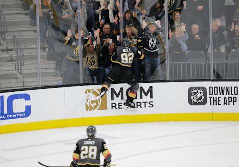 LAS VEGAS, NV – NOVEMBER 19: Vegas Golden Knights left wing Tomas Nosek (92) celebrates after scoring a goal against the Toronto Maple Leafs during a regular season game Tuesday, Nov. 19, 2019, at T-Mobile Arena in Las Vegas, Nevada. (Photo by: Marc Sanchez/Icon Sportswire via Getty Images)