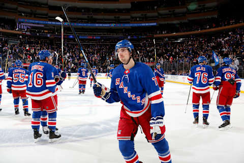 NEW YORK, NY – JANUARY 31: Filip Chytil #72 and the New York Rangers celebrate after defeating the Detroit Red Wings at Madison Square Garden on January 31, 2020 in New York City. (Photo by Jared Silber/NHLI via Getty Images)