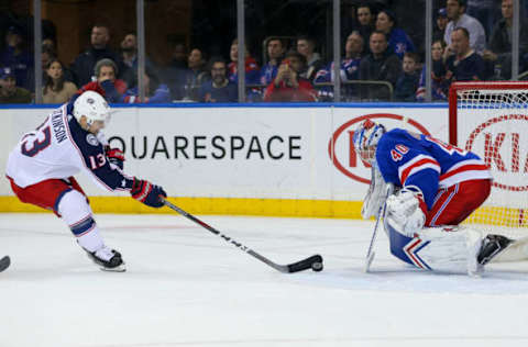 NEW YORK, NY – APRIL 05: Columbus Blue Jackets Right Wing Cam Atkinson (13) takes a shot on net during overtime in the National Hockey League game between the Columbus Blue Jackets and the New York Rangers on April 5, 2019 at Madison Square Garden in New York, NY. (Photo by Joshua Sarner/Icon Sportswire via Getty Images)