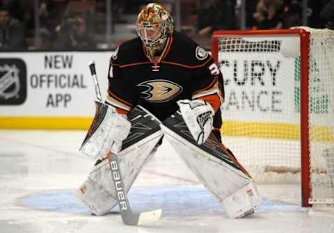 February 2, 2016; Anaheim, CA, USA; Anaheim Ducks goalie Frederik Andersen (31) defends the goal against San Jose Sharks during the first period at Honda Center. Mandatory Credit: Gary A. Vasquez-USA TODAY Sports