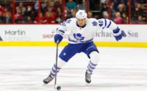 Nov 20, 2015; Raleigh, NC, USA; Toronto Maple Leafs forward Michael Grabner (40) skates with the puck against the Carolina Hurricanes at PNC Arena. The Toronto Maple Leafs defeated the Carolina Hurricanes 2-1 in the shoot out. Mandatory Credit: James Guillory-USA TODAY Sports