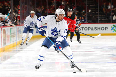 Alexander Kerfoot #15 of the Toronto Maple Leafs. (Photo by Rich Graessle/Getty Images)