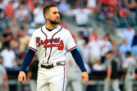 ATLANTA, GA – AUGUST 15: Ender Incciarte #11 of the Atlanta Braves reacts to teammate Ronald Accuna Jr. being hit by a pitch at the start of the first inning against the Miami Marlins at SunTrust Park on August 15, 2018 in Atlanta, Georgia. (Photo by Daniel Shirey/Getty Images)