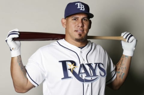 Feb 18, 2017; Port Charlotte, FL, USA; Tampa Bay Rays catcher Wilson Ramos (40) poses for a photo during photo day at Charlotte Sports Park. Mandatory Credit: Kim Klement-USA TODAY Sports