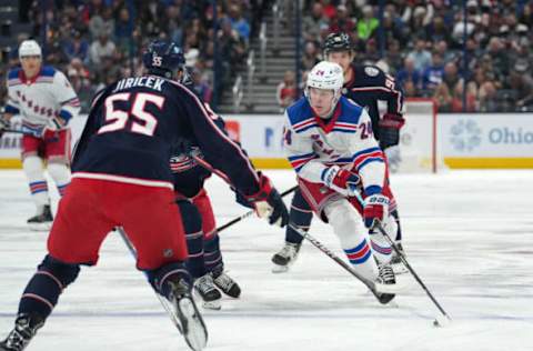 COLUMBUS, OHIO – APRIL 08: Kaapo Kakko #24 of the New York Rangers skates with the puck during the first period against the Columbus Blue Jackets at Nationwide Arena on April 08, 2023, in Columbus, Ohio. (Photo by Jason Mowry/Getty Images)