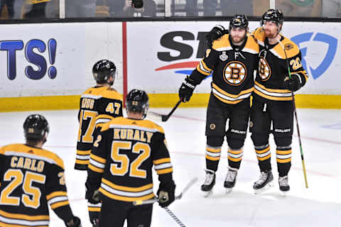 BOSTON, MA – JUNE 6: Boston Bruins left wing Jake DeBrusk (74) celebrates his goal with his teammates. During Game 5 of the Stanley Cup Finals featuring the Boston Bruins against the St. Louis Blues on June 6, 2019 at TD Garden in Boston, MA. (Photo by Michael Tureski/Icon Sportswire via Getty Images)