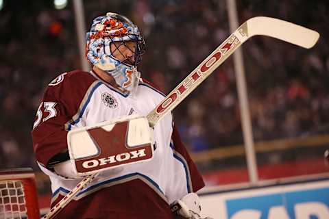 DENVER, CO – FEBRUARY 26: Goaltender Patrick Roy #33 of the Colorado Avalanche Alumni team stands in goal against the Red Wings Alumni team at the 2016 Coors Light Stadium Series at Coors Field on February 26, 2016 in Denver, Colorado. (Photo by Michael Martin/NHLI via Getty Images)